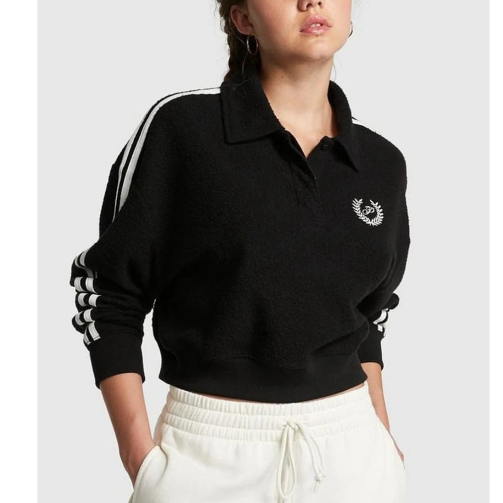 Victoria's Secret PINK NWT Reverse Fleece Cropped Polo Sweatshirt black pullover